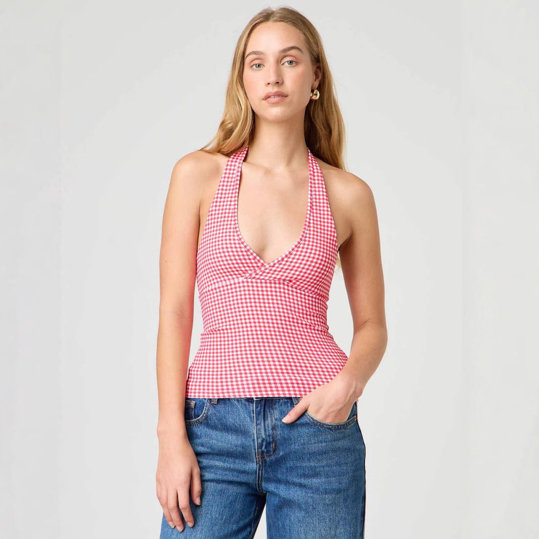 Damen Halter-Top mit Punktmuster und V-Ausschnitt R&B
