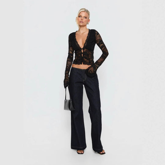 Damen Spitzenbluse mit tiefem V-Ausschnitt und detaillierten Knöpfen R&B