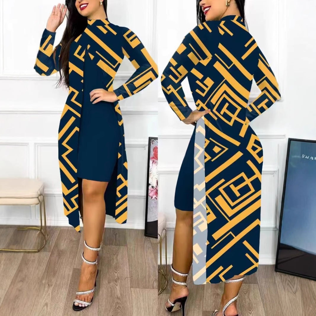 Damen elegantes Maxikleid mit asymmetrischem Schnitt und Grafischem Muster R&B