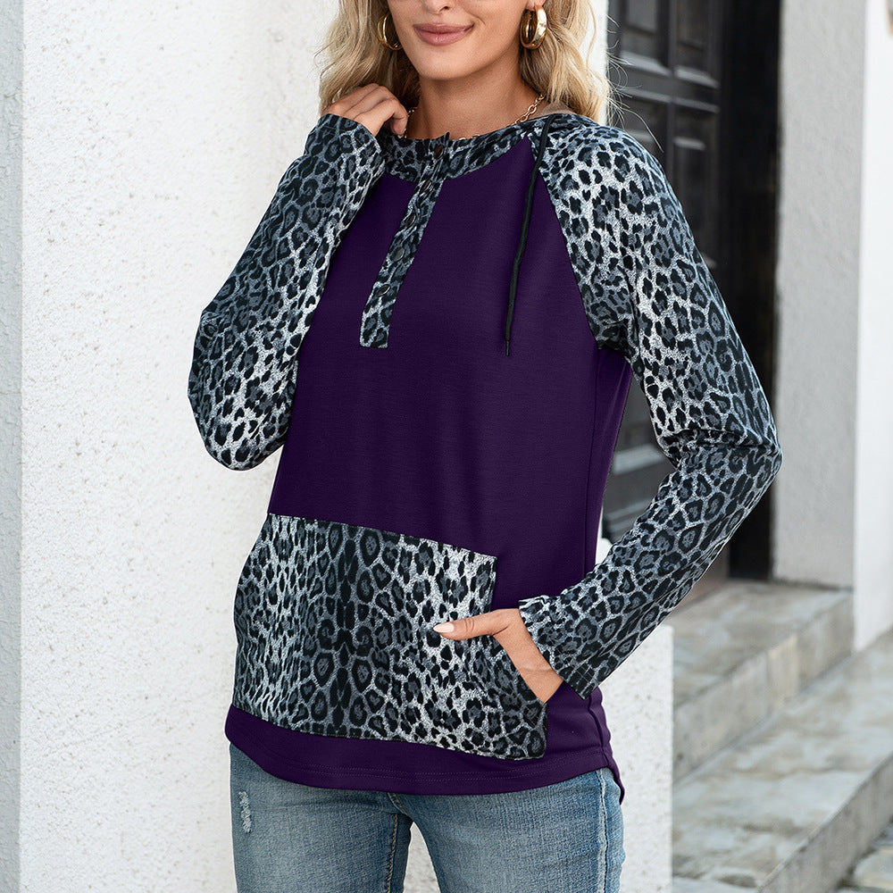 Damen Kapuzenpullover mit Leopardenmuster und Kängurutasche R&B