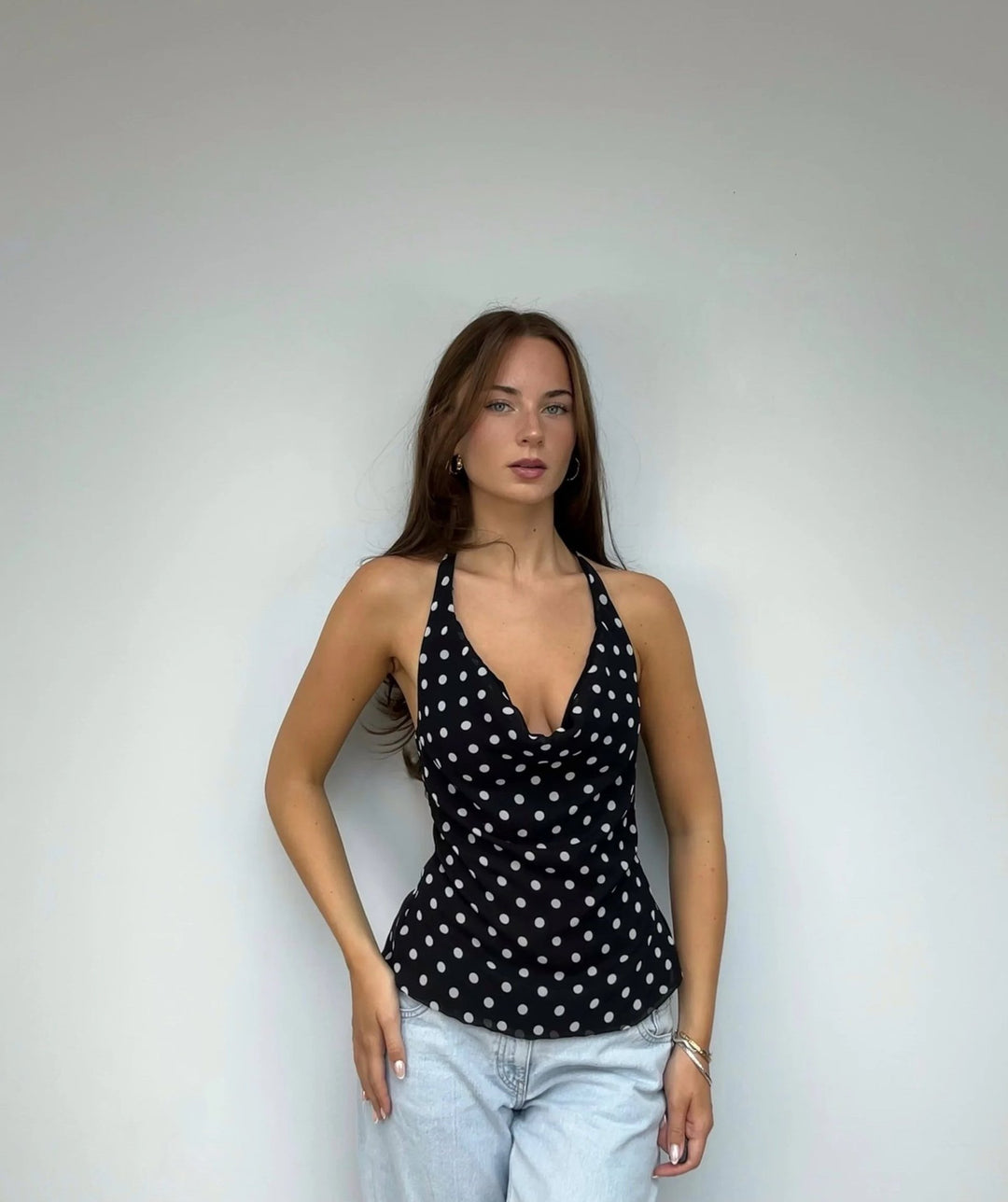Damen elegantes Top mit lässigem V-Ausschnitt und Punkte-Muster R&B