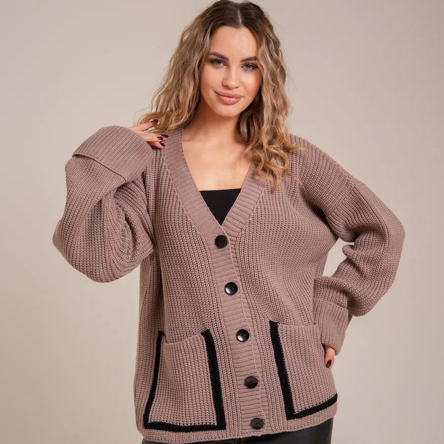 Damen Lässiger Strickcardigan mit breiten Ärmeln und kontrastierenden Taschen R&B