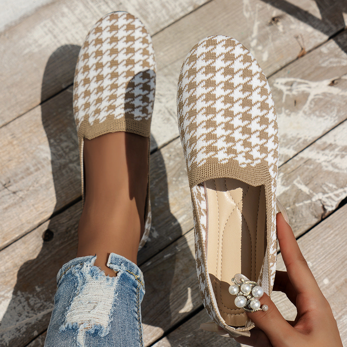 Damen Komfortable Slip-On Mokassins mit trendigem Hahnentrittmuster R&B