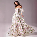 Damen Elegantes Maxikleid mit schulterfreien Rüschenärmeln und floralen Akzenten EB