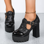 Damen Chunky Glamour-Pumps mit glitzerndem Obermaterial und stabiler Plattform R&B