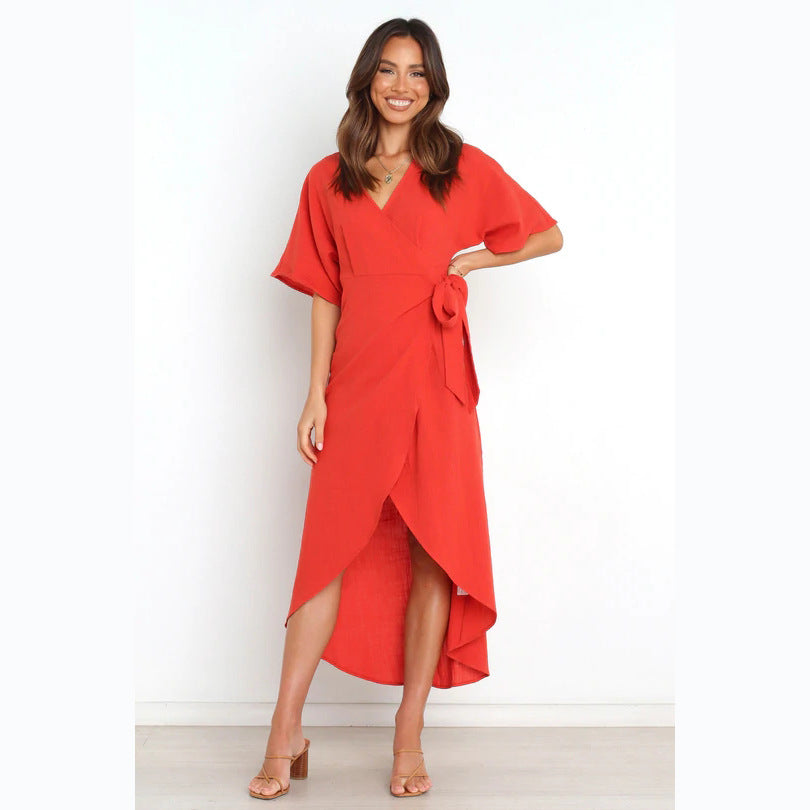 Damen Wickelkleid mit elegantem V-Ausschnitt und modischem Taillengürtel R&B