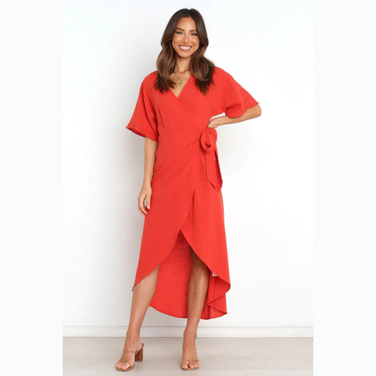 Damen Wickelkleid mit elegantem V-Ausschnitt und modischem Taillengürtel R&B