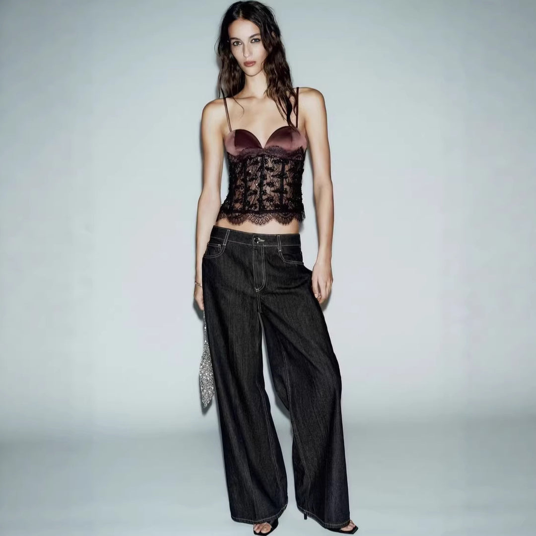 Damen Spitzen-Crop-Top mit herzförmigem Ausschnitt und eleganter Bundkante R&B