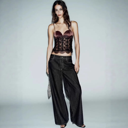 Damen Spitzen-Crop-Top mit herzförmigem Ausschnitt und eleganter Bundkante R&B