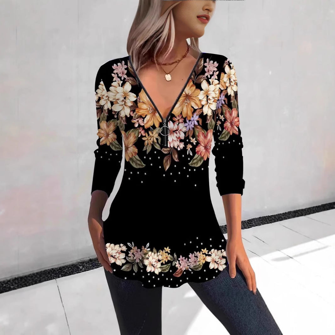 Damen Bluse mit floralen Mustern und V-Ausschnitt R&B