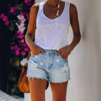 Damen Jeansshorts mit modischem Sternenprint und fransigem Saum R&B