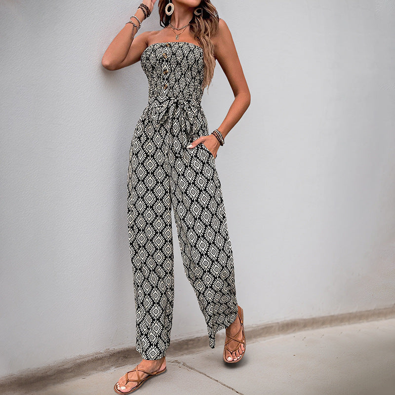 Damen Alltagsjumpsuit mit elastischem Oberteil und modischem Muster R&B