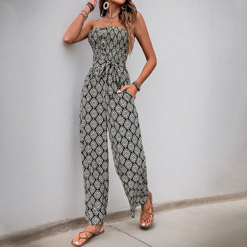 Damen Alltagsjumpsuit mit elastischem Oberteil und modischem Muster R&B
