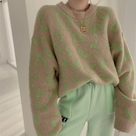 Damen Flauschiger Leopardenmuster Pullover R&B