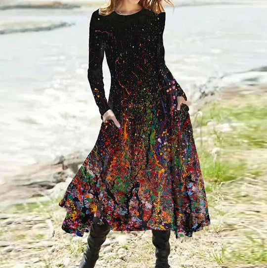 Damen nan A-Linien-Midikleid mit abstraktem Spritzmuster, Rundhalsausschnitt, langen Ärmeln und Eingrifftaschen R&B
