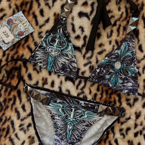 Damen Triangel-Bikini mit floralem Muster und Strass-Applikationen R&B