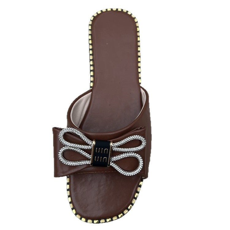 Damen elegante Riemchen-Pantoletten mit funkelnder Schleifen-Applikation R&B