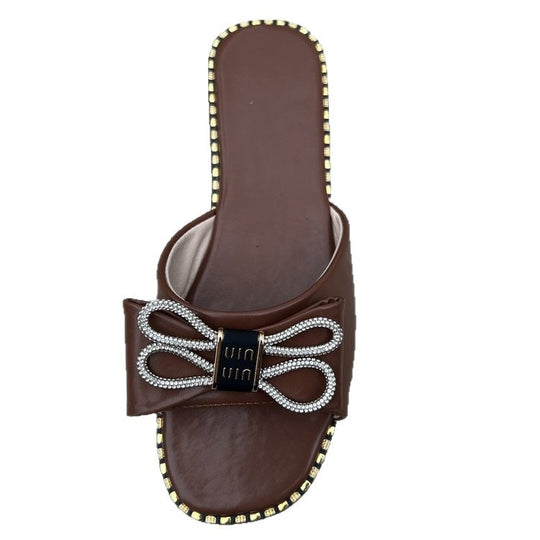 Damen elegante Riemchen-Pantoletten mit funkelnder Schleifen-Applikation R&B