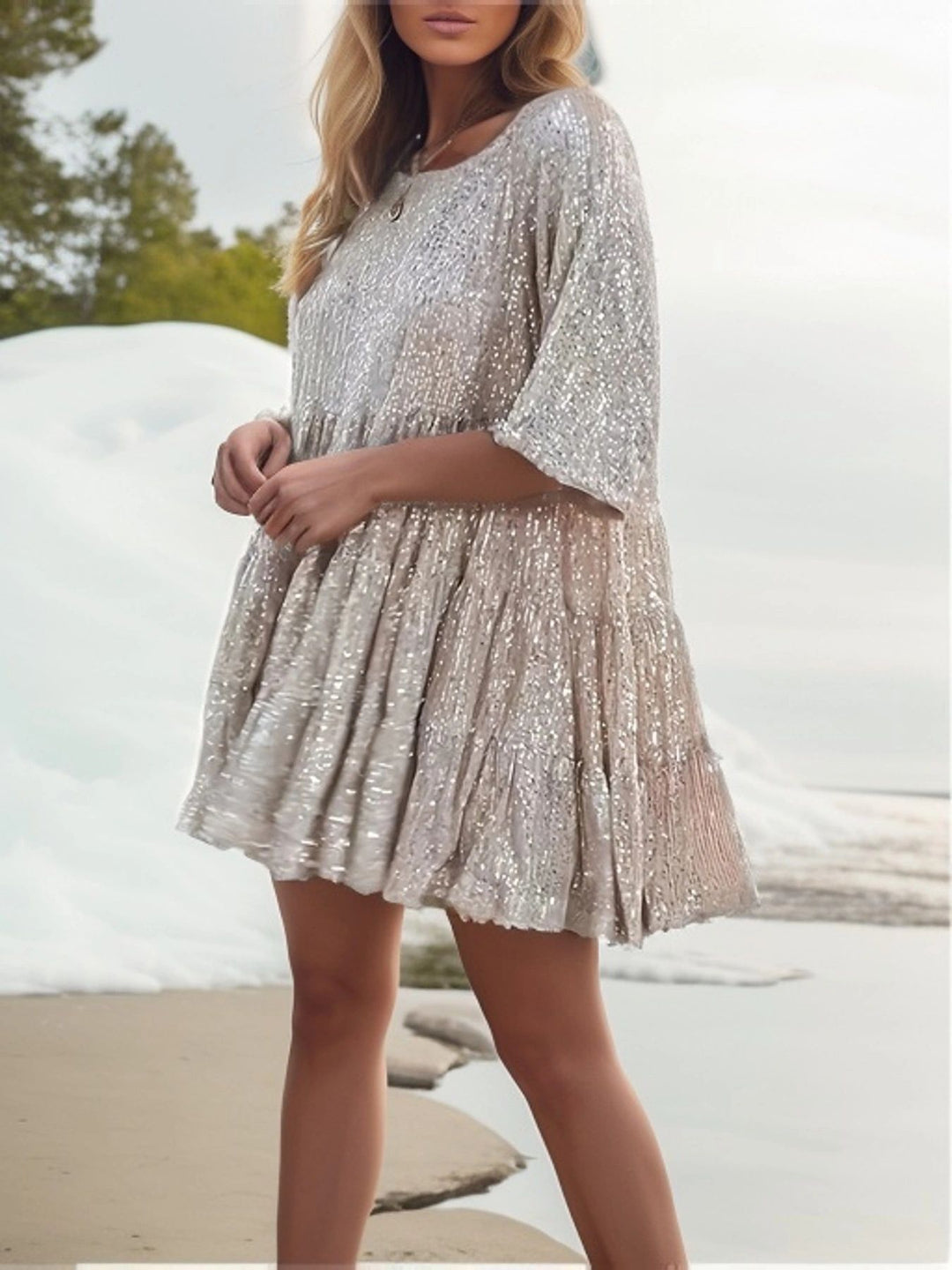 Damen funkelndes Mini-Kleid mit Pailletten und weitem Schnitt R&B