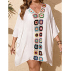 Damen Strandkaftan mit bunten Häkelelementen und V-Ausschnitt R&B