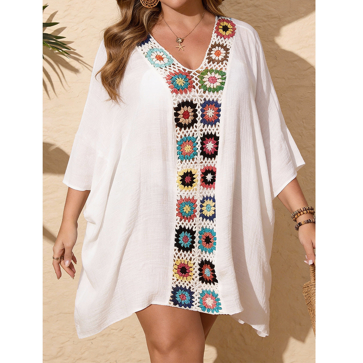 Damen Strandkaftan mit bunten Häkelelementen und V-Ausschnitt R&B