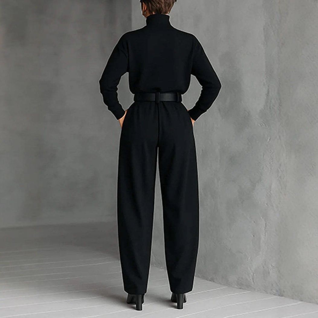 Damen nan elegante hochgeschnittene Plisseehose mit weitem Bein und Rollkragen-Feinstricktop R&B