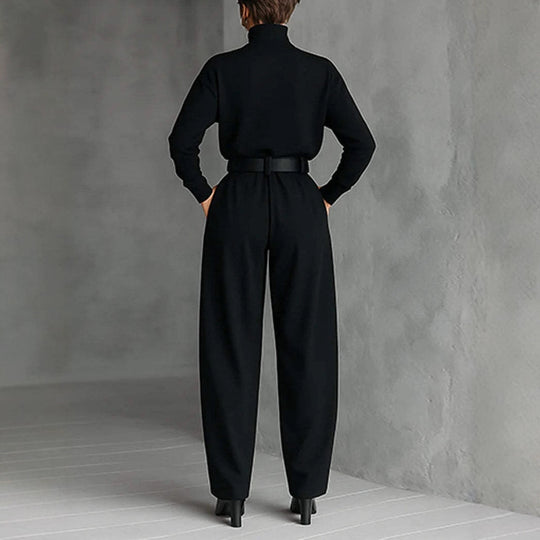 Damen nan elegante hochgeschnittene Plisseehose mit weitem Bein und Rollkragen-Feinstricktop R&B