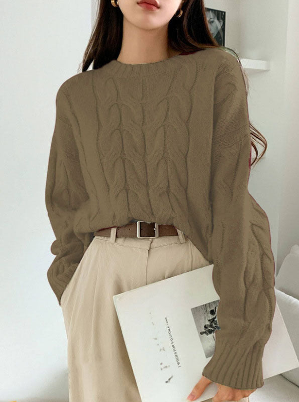 Damen Gemusterter Strickpullover mit voluminösen Ärmeln und Rundhalsausschnitt R&B