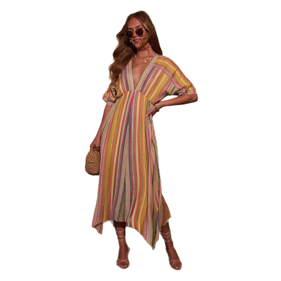 Damen Maxikleid mit tiefem V-Ausschnitt und schwingendem Rock R&B