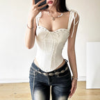 Damen Corsage-Top mit dekorativen Schnürdetails und zarten Rüschenelementen R&B