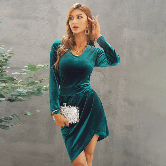Damen elegantes Wickelkleid aus Samt mit langen Ärmeln und asymmetrischem Saum R&B