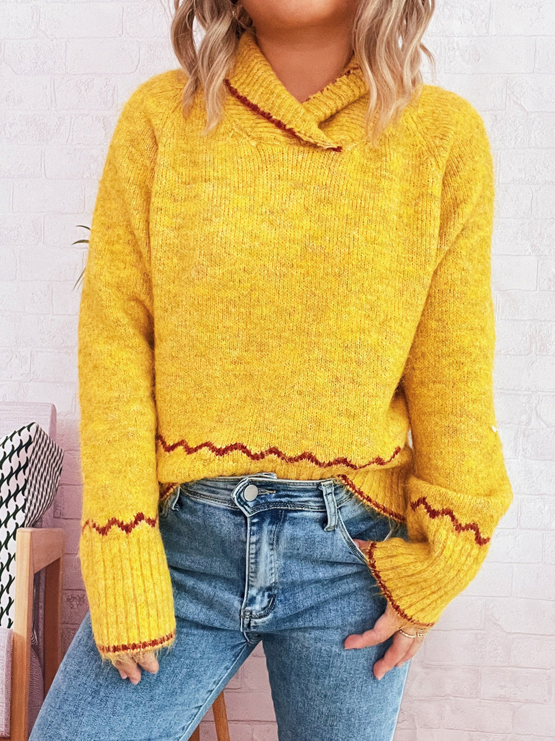 Damen lässiger Strickpullover mit modischem Kragen und fransigen Akzenten R&B