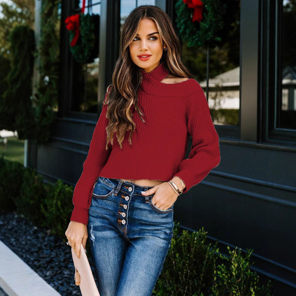 Damen modischer Crop-Pullover mit schulterfreiem Design und Rippstruktur R&B