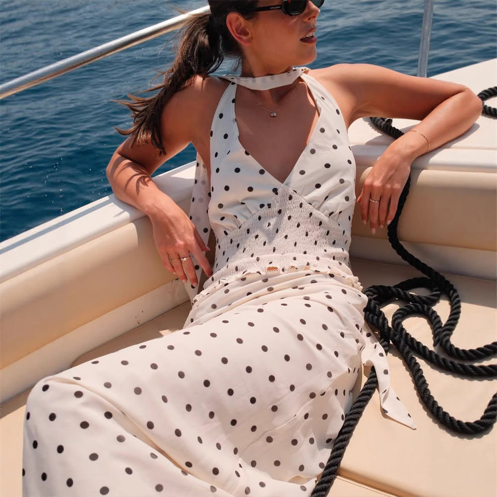 Damen Polka-Dot Midi-Set mit tailliertem Top und weitem Rock R&B