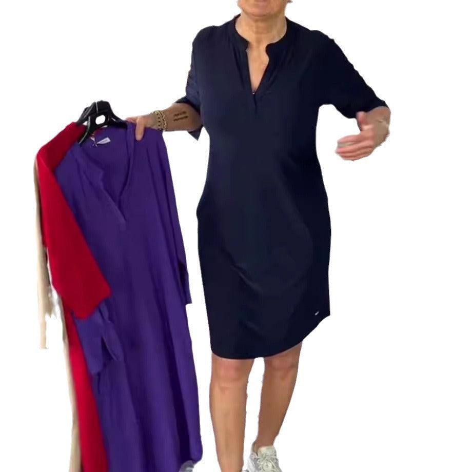 Damen nan knielanges legeres Jerseykleid mit Stehkragen und V-Ausschnitt R&B