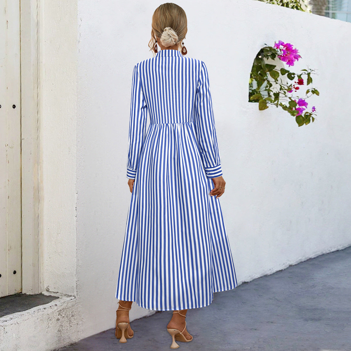 Damen Midi-Kleid mit eleganten Streifen und strukturierter Knopfleiste R&B