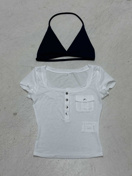 Damen Kurzarmbluse mit angesagtem Henley-Design und praktischer Brusttasche R&B