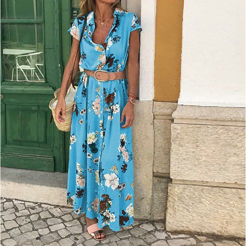 Damen Maxikleid mit Blumenmuster und elegantem Taillengürtel R&B