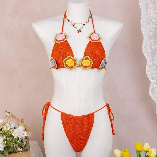 Damen Elegantes Häkel-Bikini-Set mit floralen Applikationen R&B