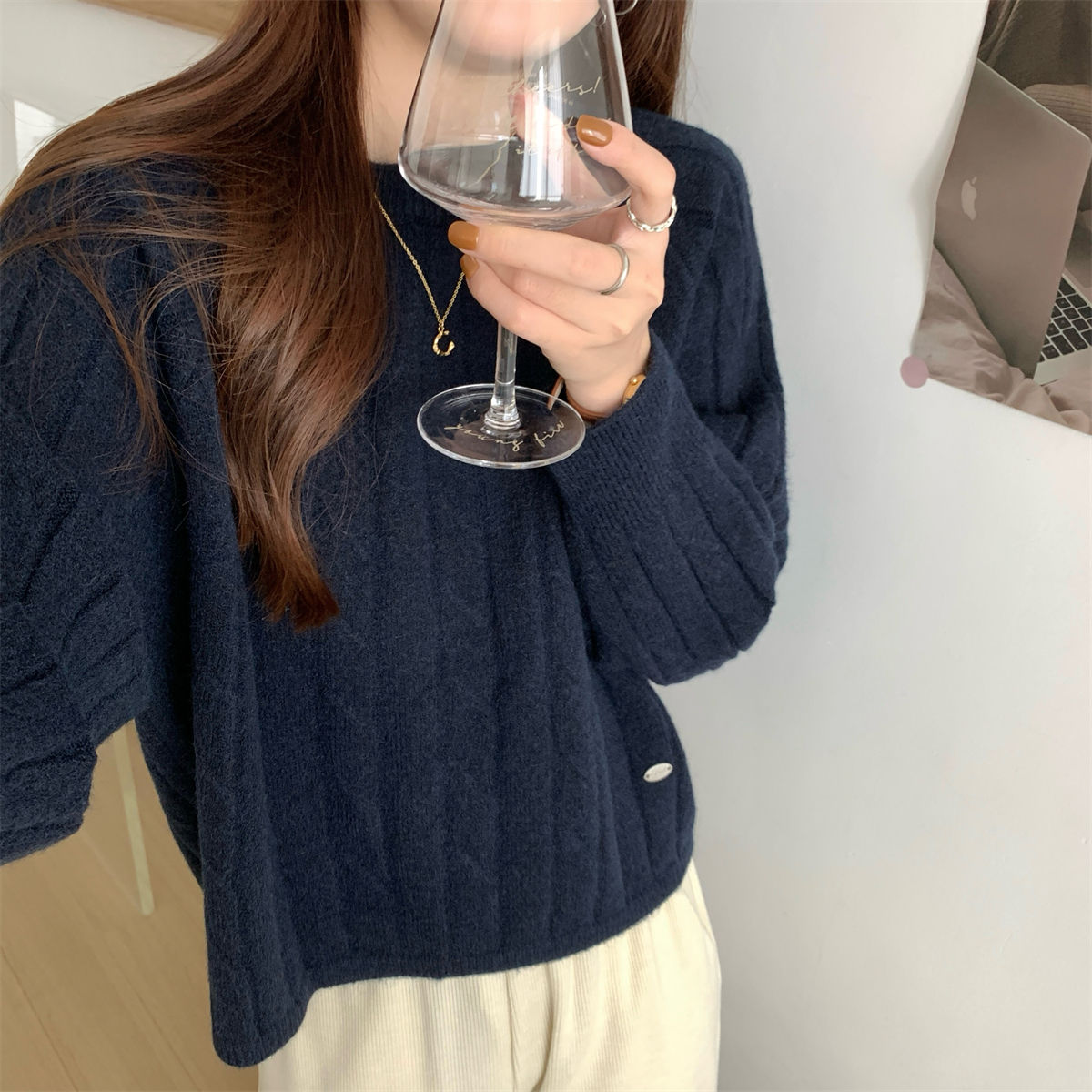 Damen Grob gestrickter Sweater mit Rundhalsausschnitt und lässiger Passform