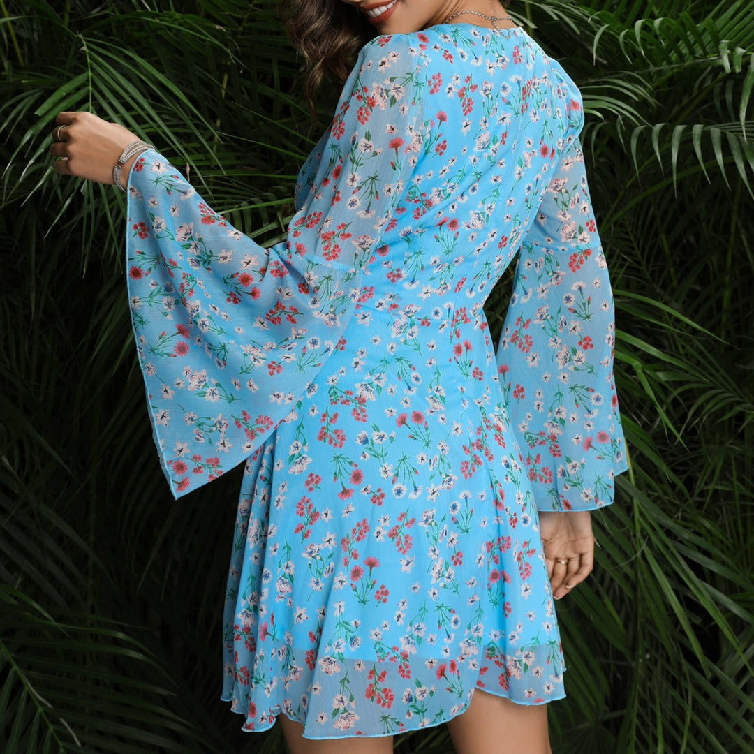 Damen Verspieltes Blumenkleid mit weiten Ärmeln und tiefem V-Ausschnitt R&B