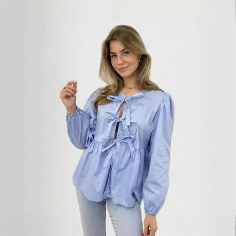 Damen Bluse mit Volantärmeln und Schleifenband R&B