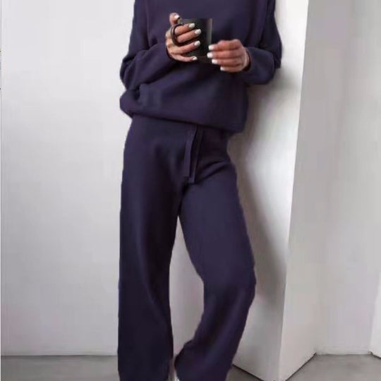 Damen kuscheliges Strick-Loungewear-Set mit weiten Hosen und elegantem Rundhalsausschnitt R&B