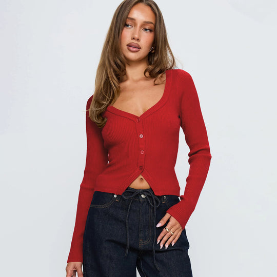 Damen Elegantes Ripp-Cardigan mit V-Ausschnitt und Knopfleiste R&B