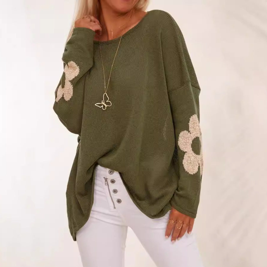 Damen grob gestrickter Pullover mit floralem Design und weitem Schnitt R&B