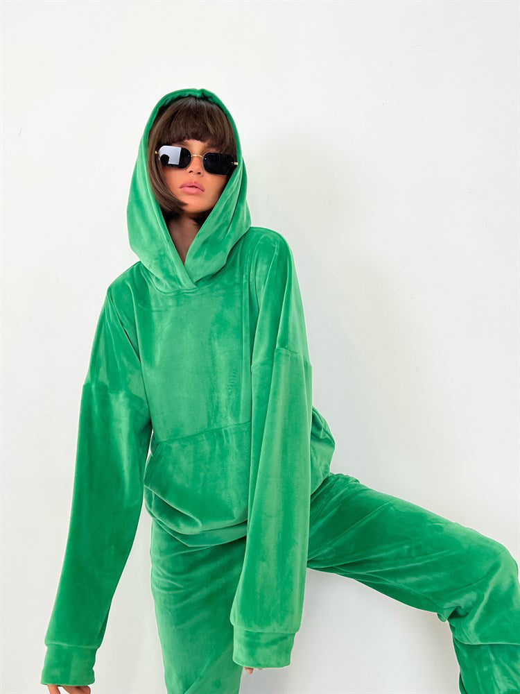 Damen bequemer Velours-Sweatanzug mit Kapuze und elastischem Bund R&B