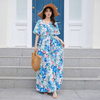 Damen Maxikleid mit eleganter Taille und floralen Akzenten R&B