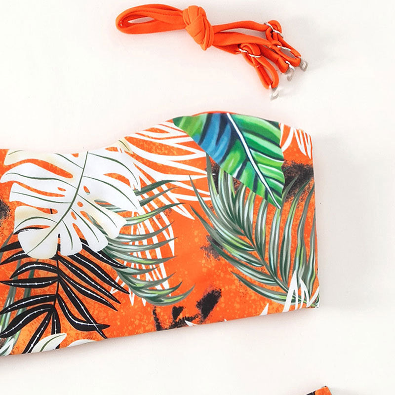 Damen Bandeau-Bikini mit lhaftem Tropenmuster und hohem Taillenschnitt