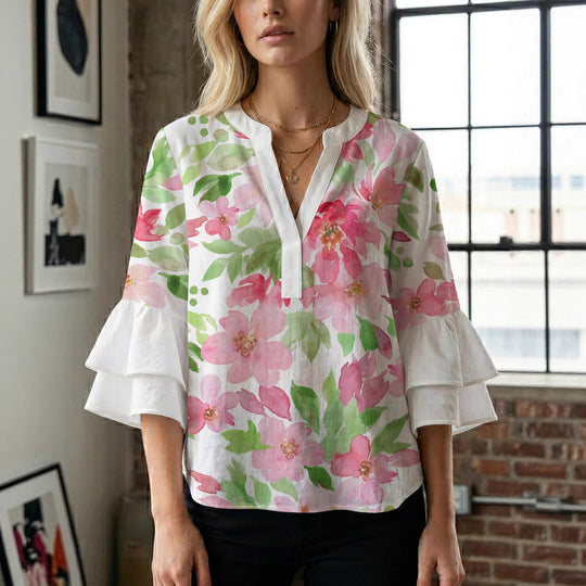 Damen Bluse mit voluminösen Rüschenärmeln und floralem Druck R&B
