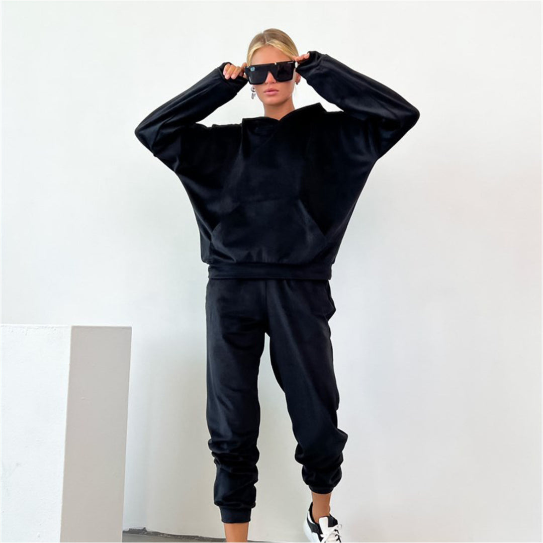 Damen bequemer Velours-Sweatanzug mit Kapuze und elastischem Bund R&B